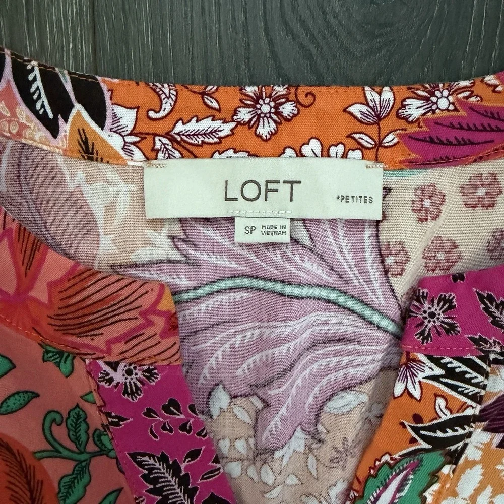 Ann Taylor Loft Dress Size S Petite Patchwork Bloom Floral Waist Tie Vacation - Picture 3 of 7